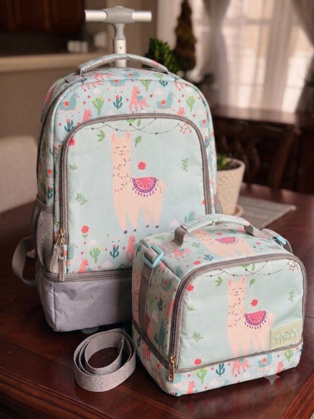 Tilami Kids Llama Rolling Backpack & Lunchbox Teal Alpaca & Cactus 2 Wheels 18"